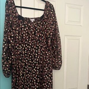 LOFT Black Floral Long-Sleeve Midi Dress with Gold Accents